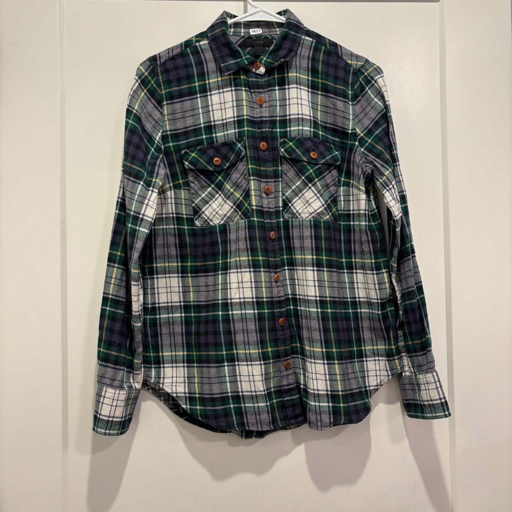 J.Crew Womens Green Navy Plaid Flannel Button Down Shirt Size 2 Long Sleeve